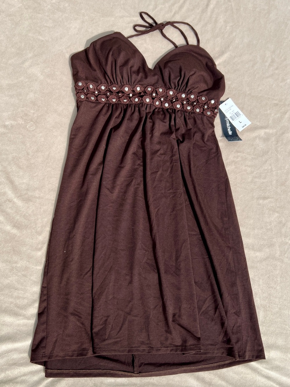 Vintage Y2K My Michelle Brown Beaded Empire-Waist Halter Dress New with Tags